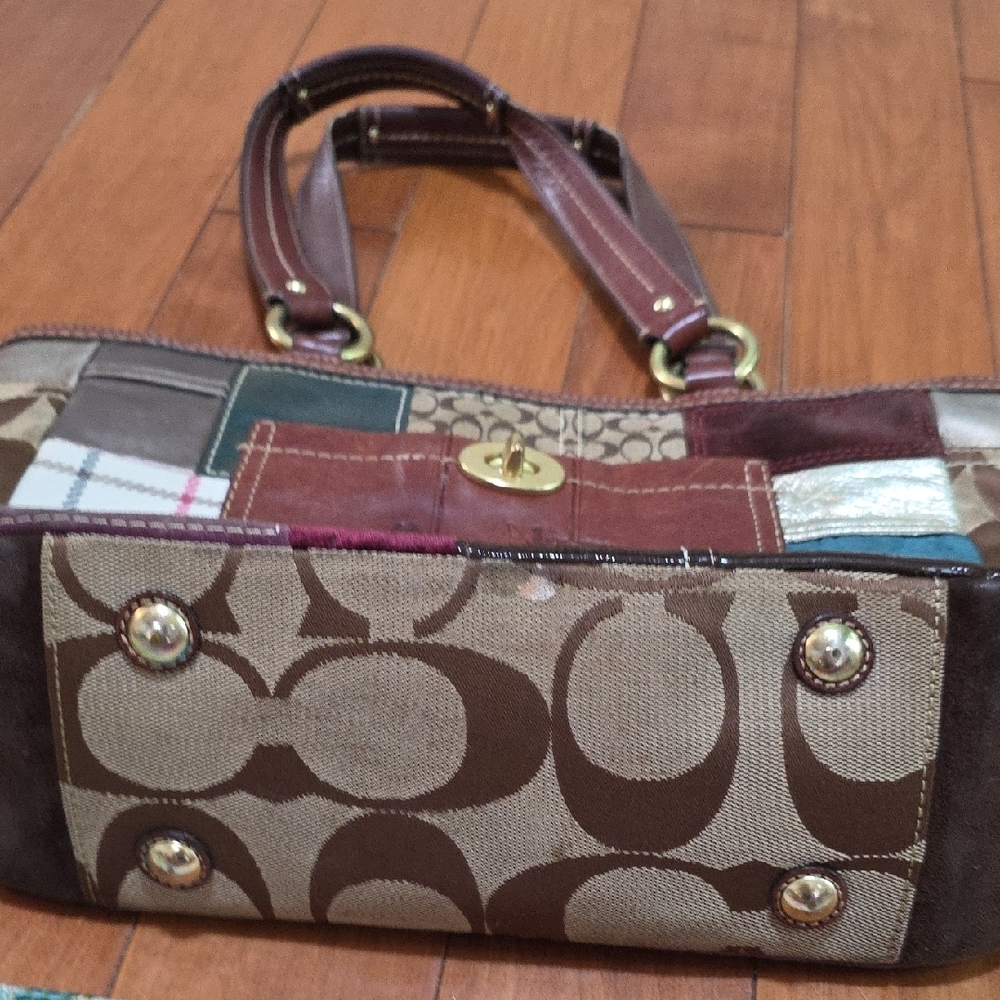 Vintage Coach Patchwork Leather Tote Bag - Brown, Burgundy, Teal Gold - Picture 5 of 7